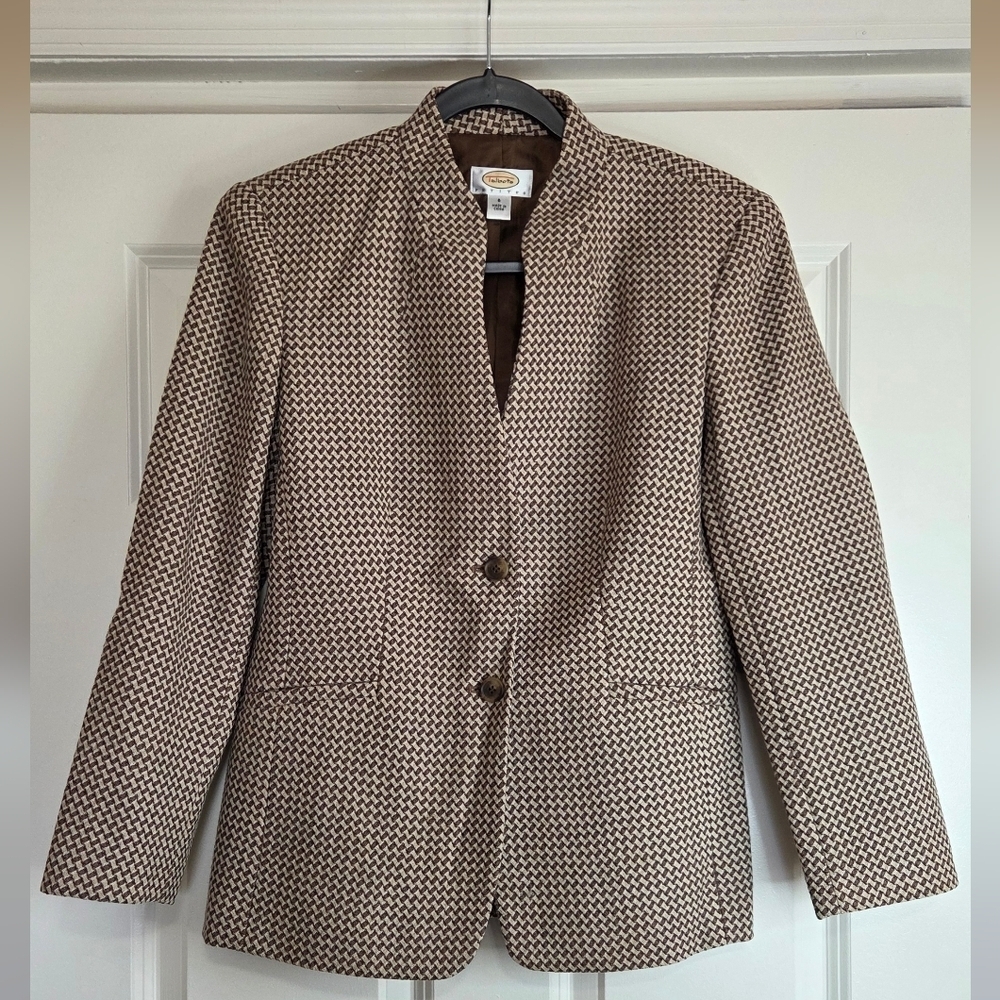 Talbots Brown and Cream Wool Tweed Single Breasted Blazer - Size 6P (Petite)